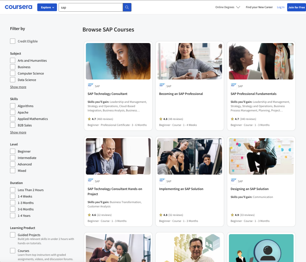Coursera Ücretsiz SAP Eğitimi Sertifika Programları
